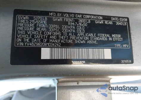 2008 Volvo Xc70 z USA, uszkodzony, nr VIN YV4BZ982081034242